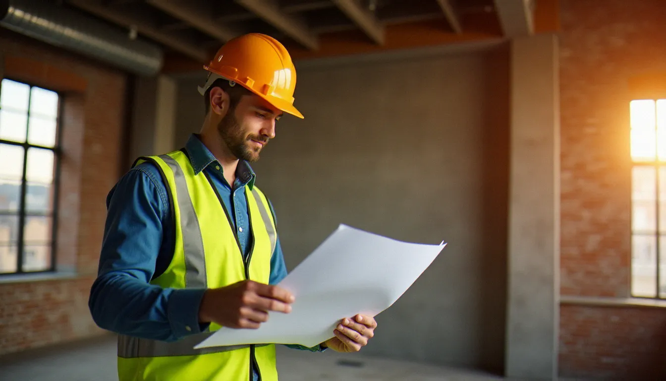 Ouvrier du bâtiment consultant des plans sur un chantier de rénovation, contexte des formations professionnelles certifiantes financées par le CPF