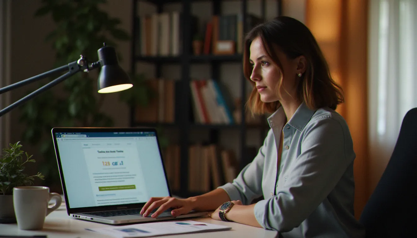 Femme comparant des organismes de formation professionnelle sur son ordinateur portable dans un bureau à domicile en Normandie
