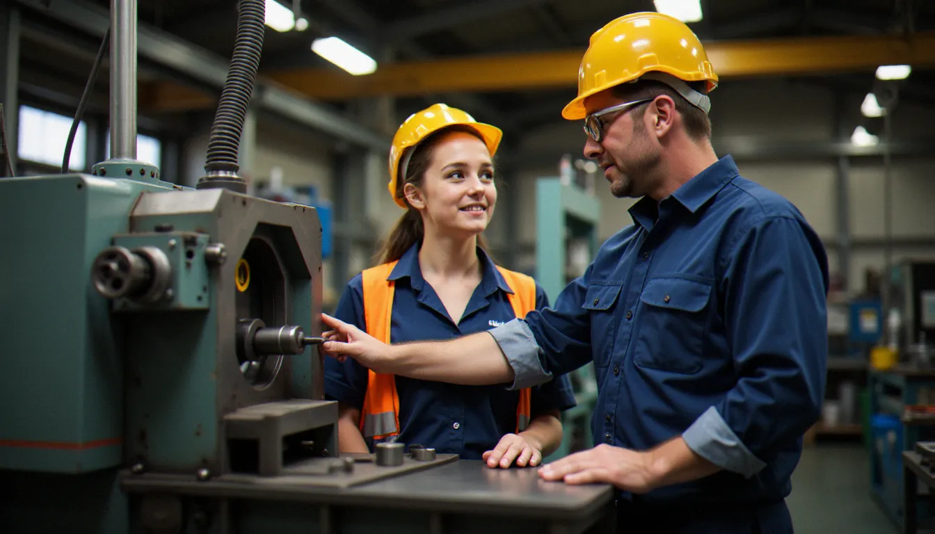 Une candidate en formation préalable au recrutement apprend à utiliser une machine industrielle sous la supervision d'un technicien expérimenté en atelier