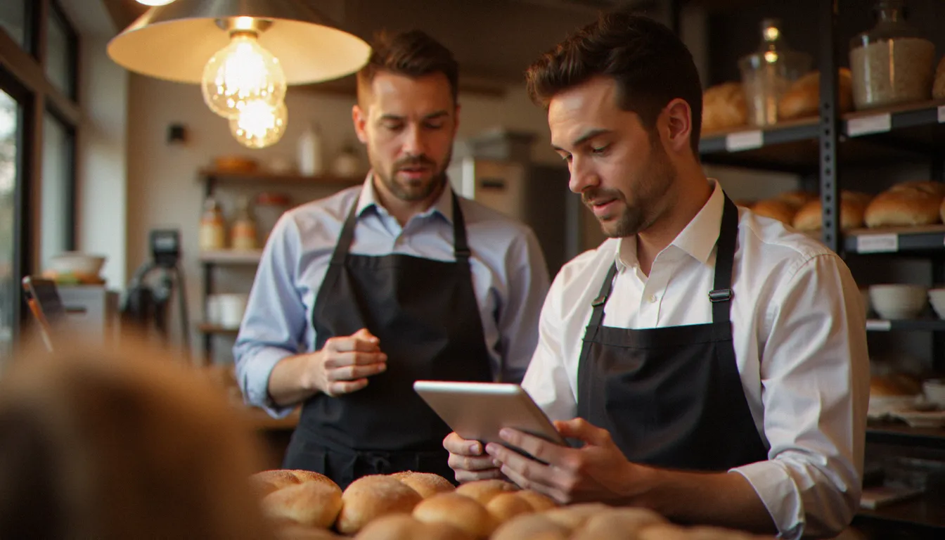 Un artisan boulanger normand échange avec un conseiller France Travail sur les modalités d'une AFPR pour former son futur employé au sein de sa boulangerie