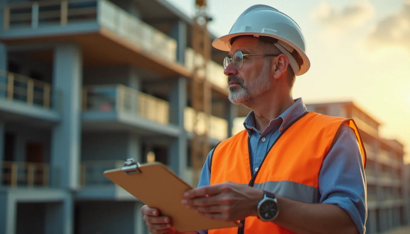 Responsable de chantier BTP consultant un dossier de formation Constructys OPCO sur un chantier en Normandie