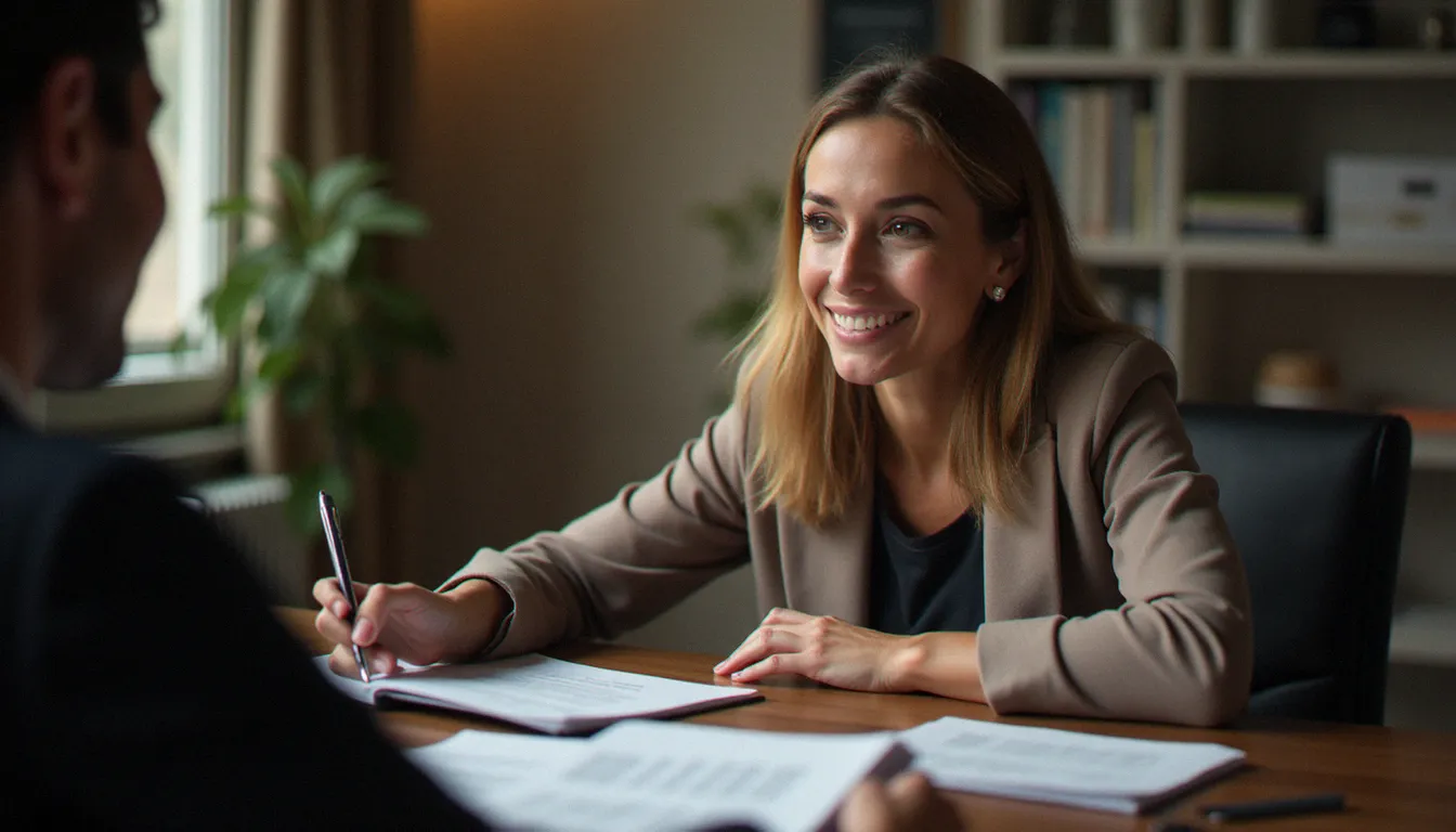 Entretien de conseil en formation professionnelle entre une salariée en reconversion et un consultant pour choisir parmi les formations disponibles dans la liste CPF