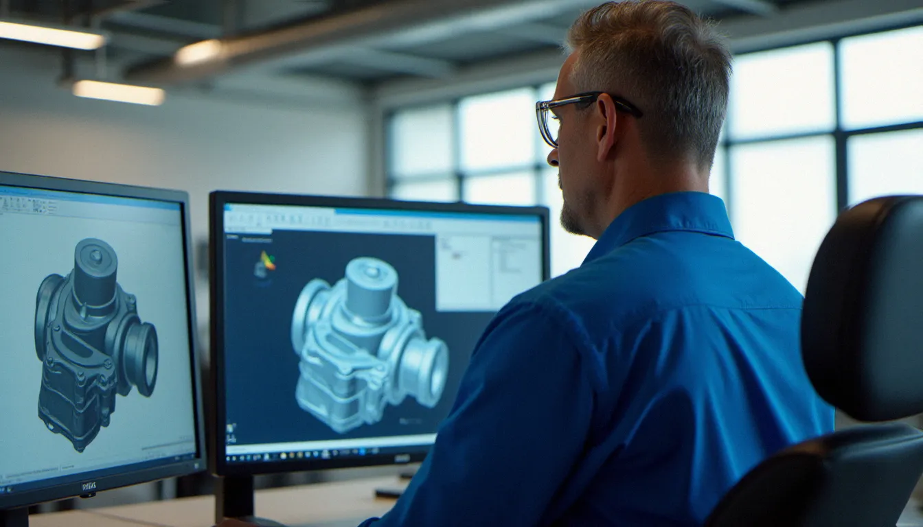 Un ingénieur devant un logiciel de formation 3D CAO sur écran d'ordinateur dans un bureau industriel moderne