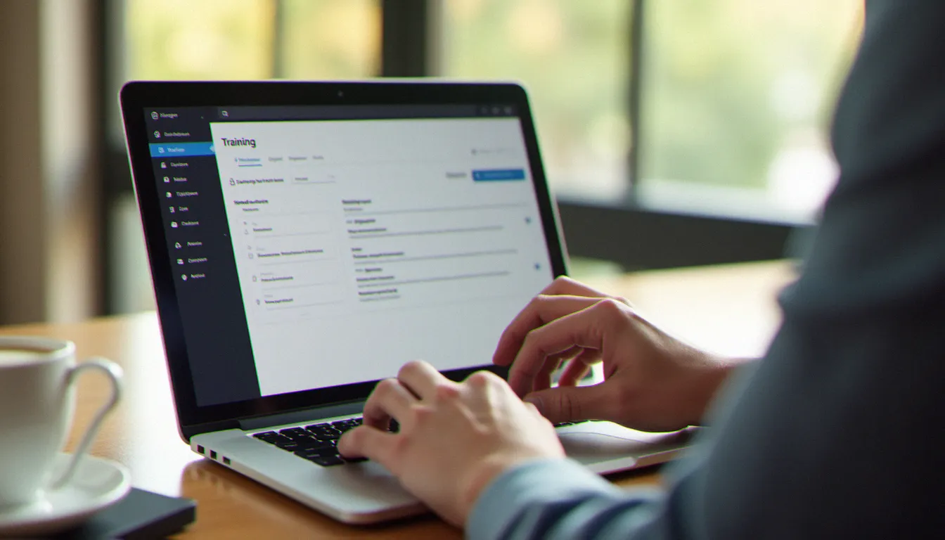 Mains d'un utilisateur recherchant une formation dans la liste CPF sur la plateforme Mon Compte Formation depuis un bureau à domicile