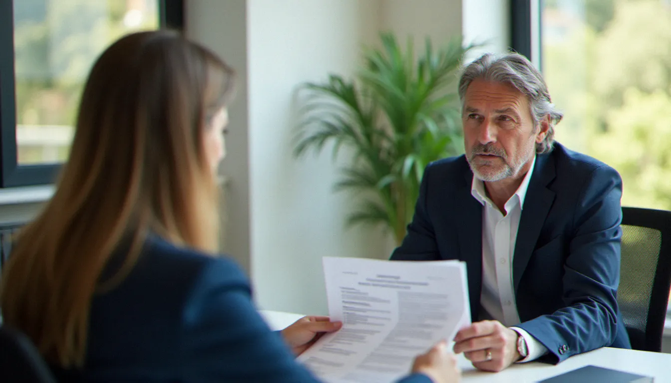 Un conseiller en formation professionnelle accompagnant un salarié dans le choix d'une formation CPF lors d'un entretien individuel en présentiel
