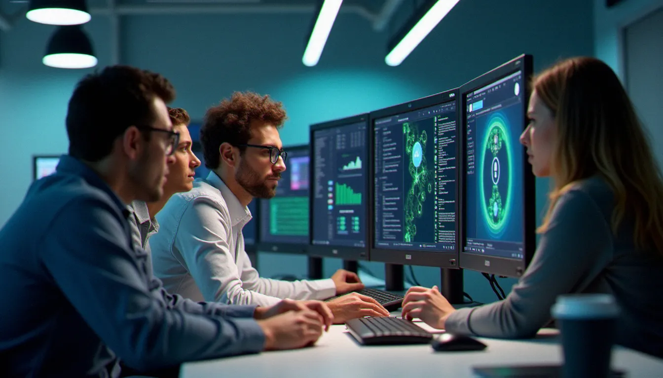 Des apprenants adultes en reconversion travaillant sur un exercice pratique de cybersécurité dans une salle de formation équipée
