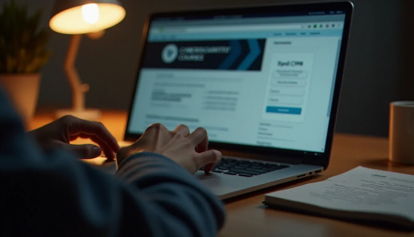 Une personne consultant le site Mon Compte Formation pour financer une formation cybersécurité via le CPF depuis son domicile
