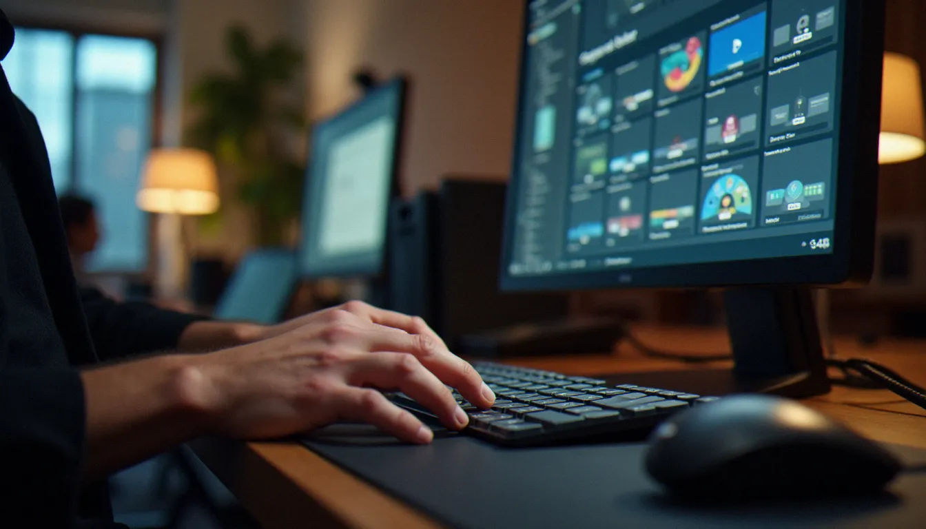 Mains d'un designer sur un clavier avec un écran affichant une bibliothèque de composants dans un outil de design d'interfaces, illustrant l'apprentissage structuré lors d'une formation Figma