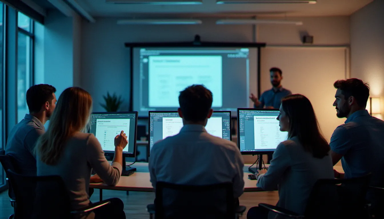 Salle de formation professionnelle avec des adultes en reconversion suivant une formation Figma sur ordinateur, animée par un formateur debout devant un écran de présentation