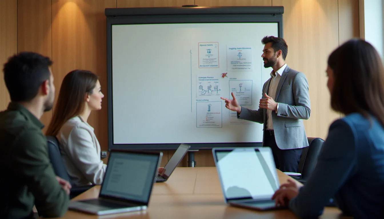Un formateur expliquant la structure de campagnes Google Ads à un groupe d'adultes en formation dans une salle de cours moderne