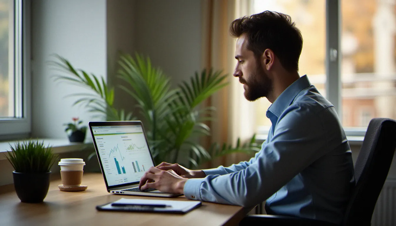Un indépendant en télétravail consultant un rapport de budget publicitaire sur son ordinateur, illustrant la gestion autonome après une formation Google Ads