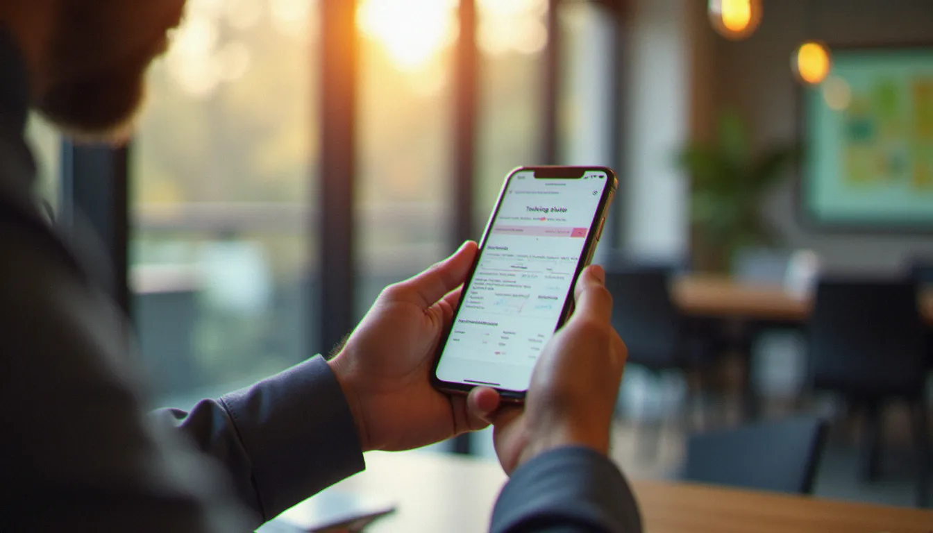 Des mains tenant un smartphone affichant une interface de plateforme e-learning, dans un espace de coworking moderne, symbole de l'accès aux formations IA en mobilité