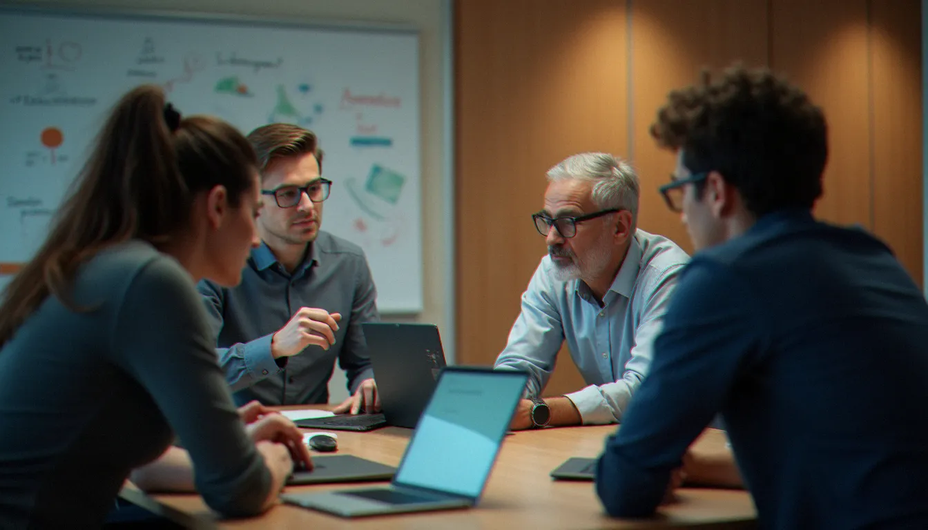 Trois professionnels en session de formation sur l'intelligence artificielle dans une salle de réunion d'entreprise, représentant une formation intra-entreprise sur l'IA
