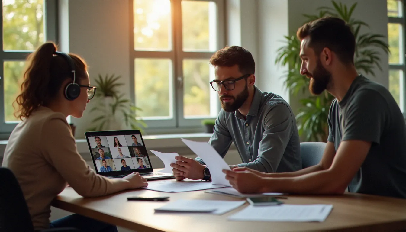 Groupe de managers en session de formation hybride blended learning, illustrant les différents formats de formation management disponibles pour les professionnels normands