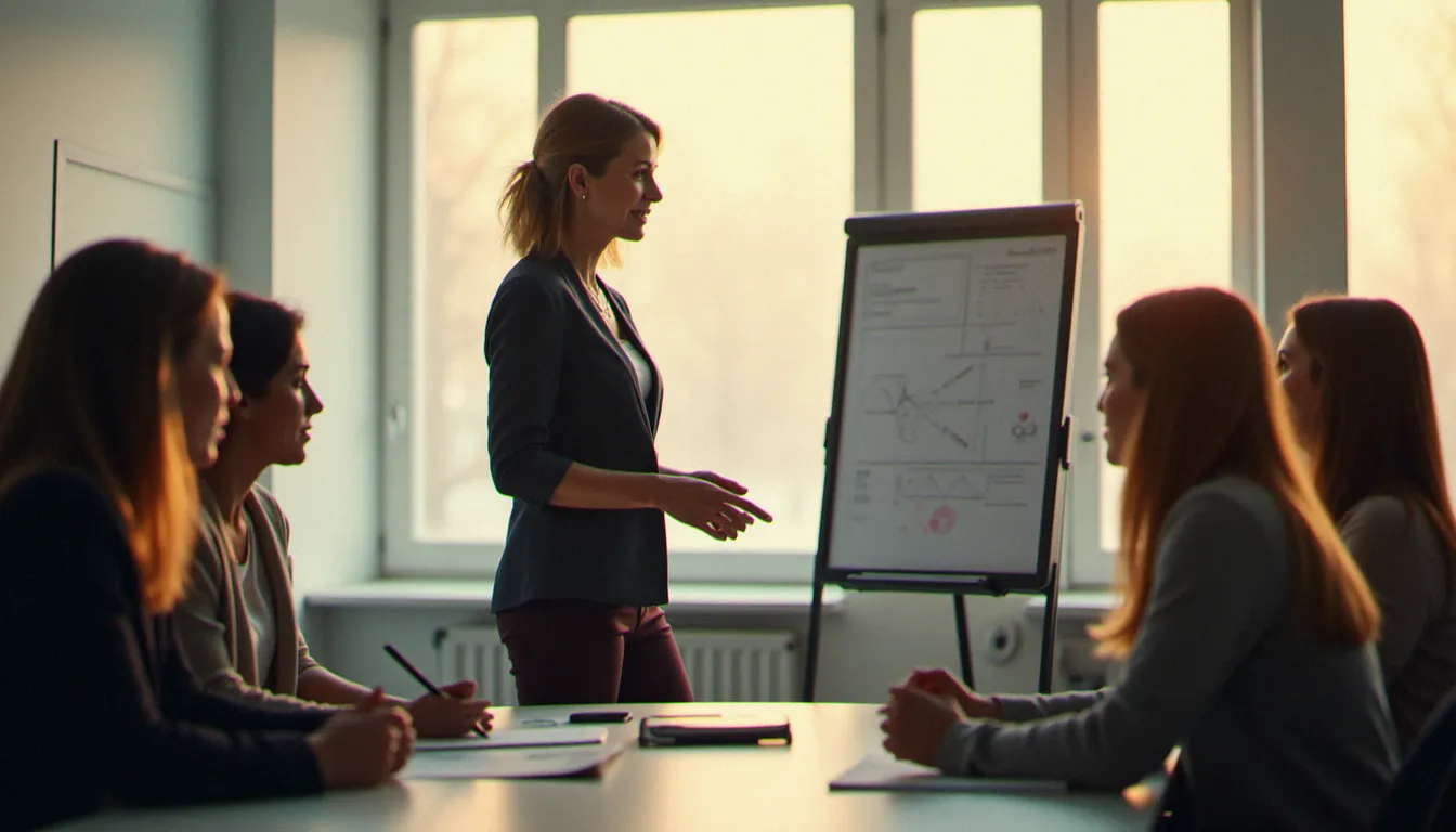 Responsable de service de collectivité territoriale animant une réunion d'équipe après une formation management, illustrant le transfert concret des compétences managériales sur le terrain