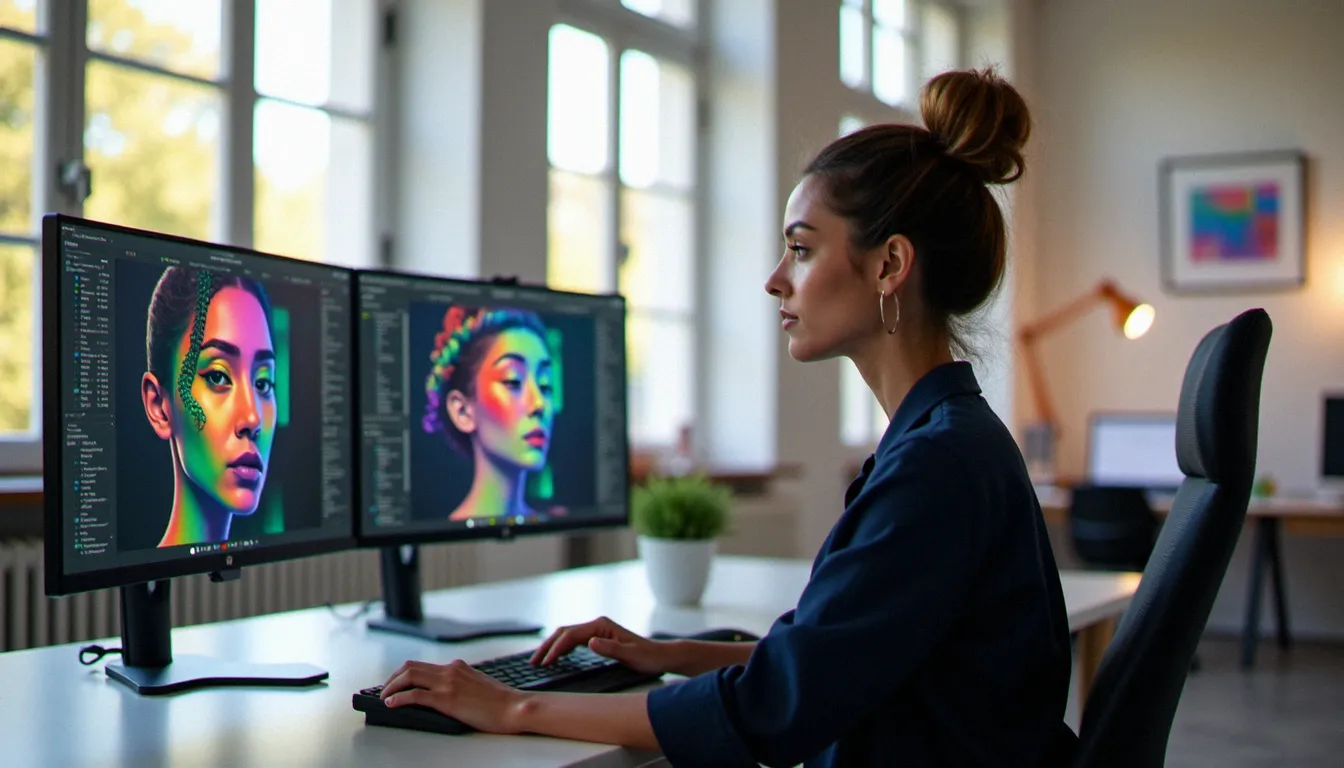 Une professionnelle suivant une formation Midjourney sur ordinateur dans un studio créatif lumineux, découvrant des images générées par intelligence artificielle