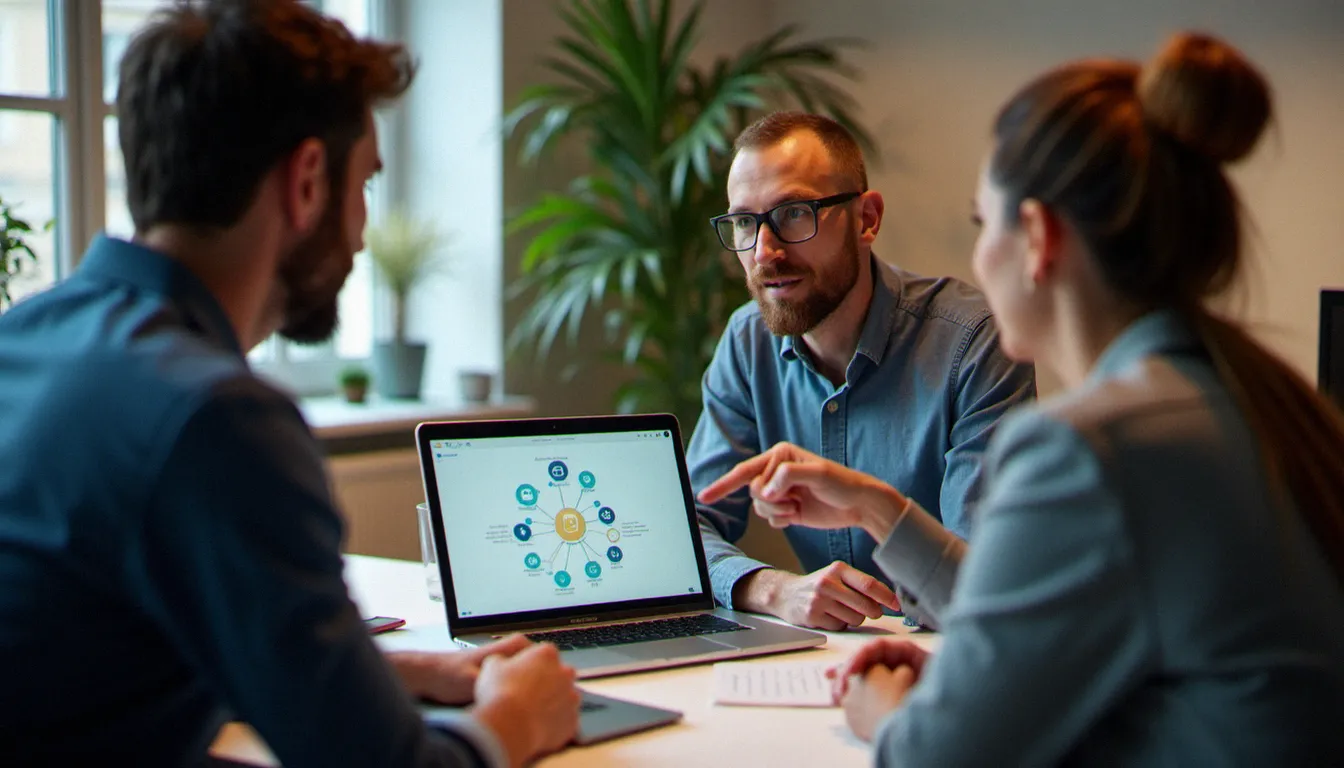 Équipe d'une PME normande en réunion autour d'un outil d'automatisation de workflows pour identifier les profils adaptés à une formation n8n