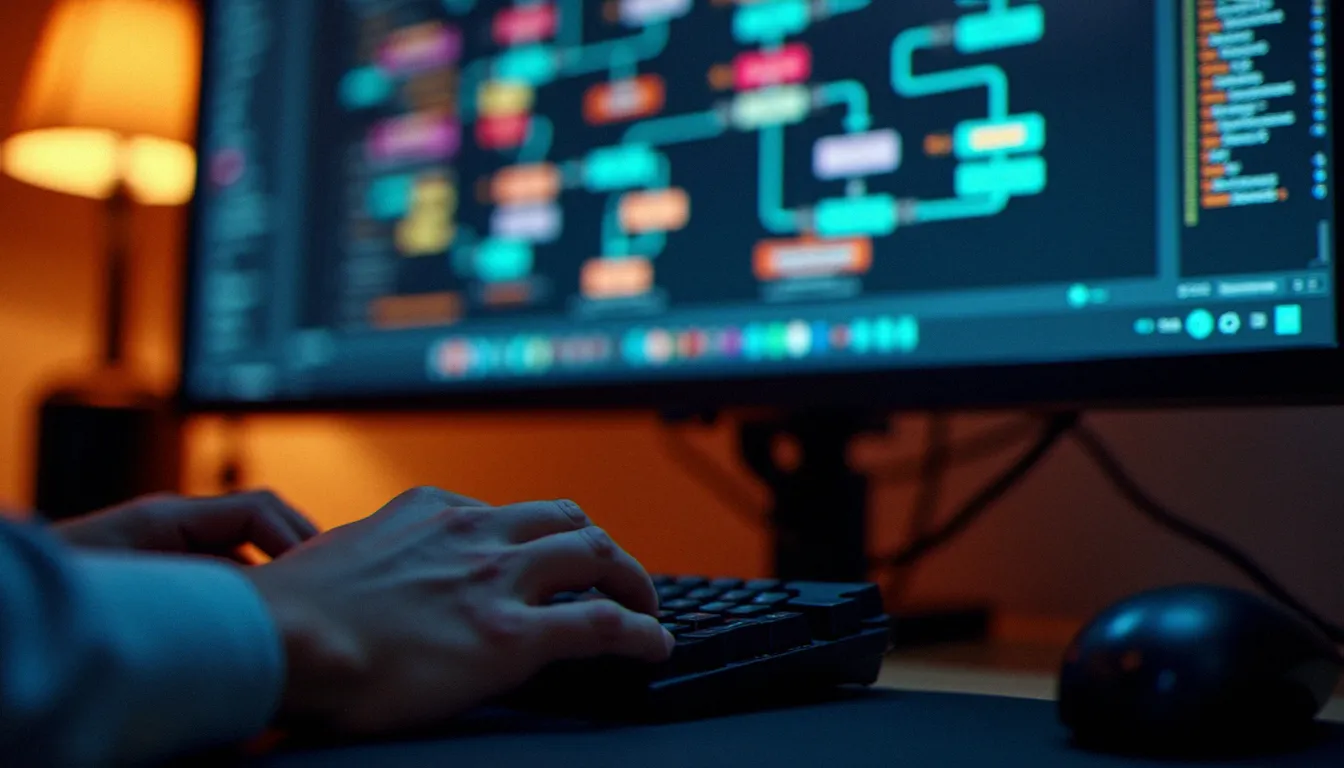 Développement d'un workflow n8n complexe sur un ordinateur, illustrant le contenu pratique d'une formation n8n avancée
