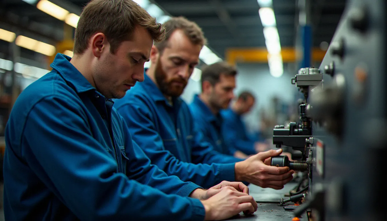 Candidat en formation POEI apprenant un métier technique en atelier industriel avec un tuteur expérimenté