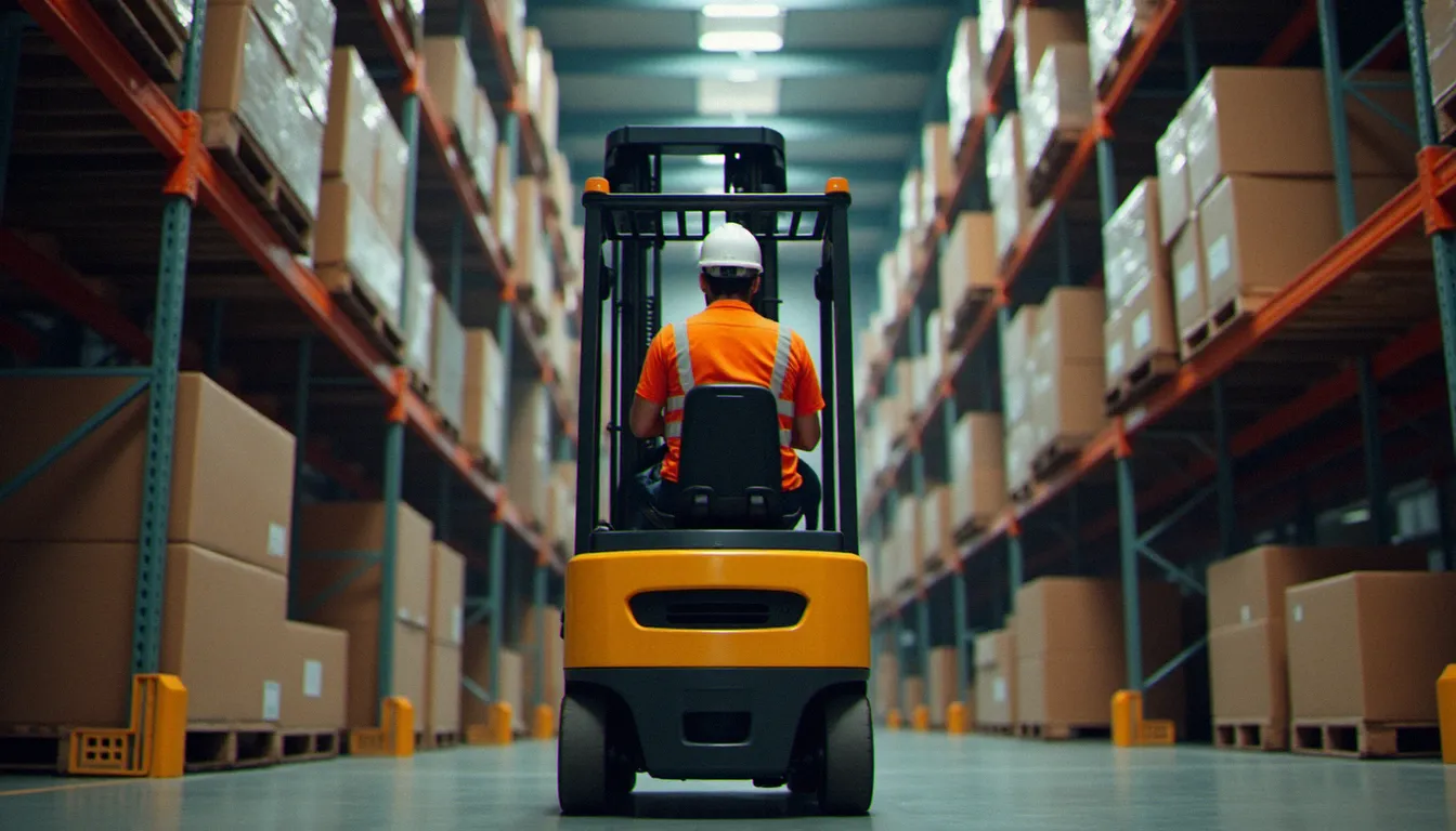 Cariste certifié CACES en action dans un entrepôt logistique normand après avoir bénéficié d'une formation POEI financée par France Travail pour décrocher un CDI