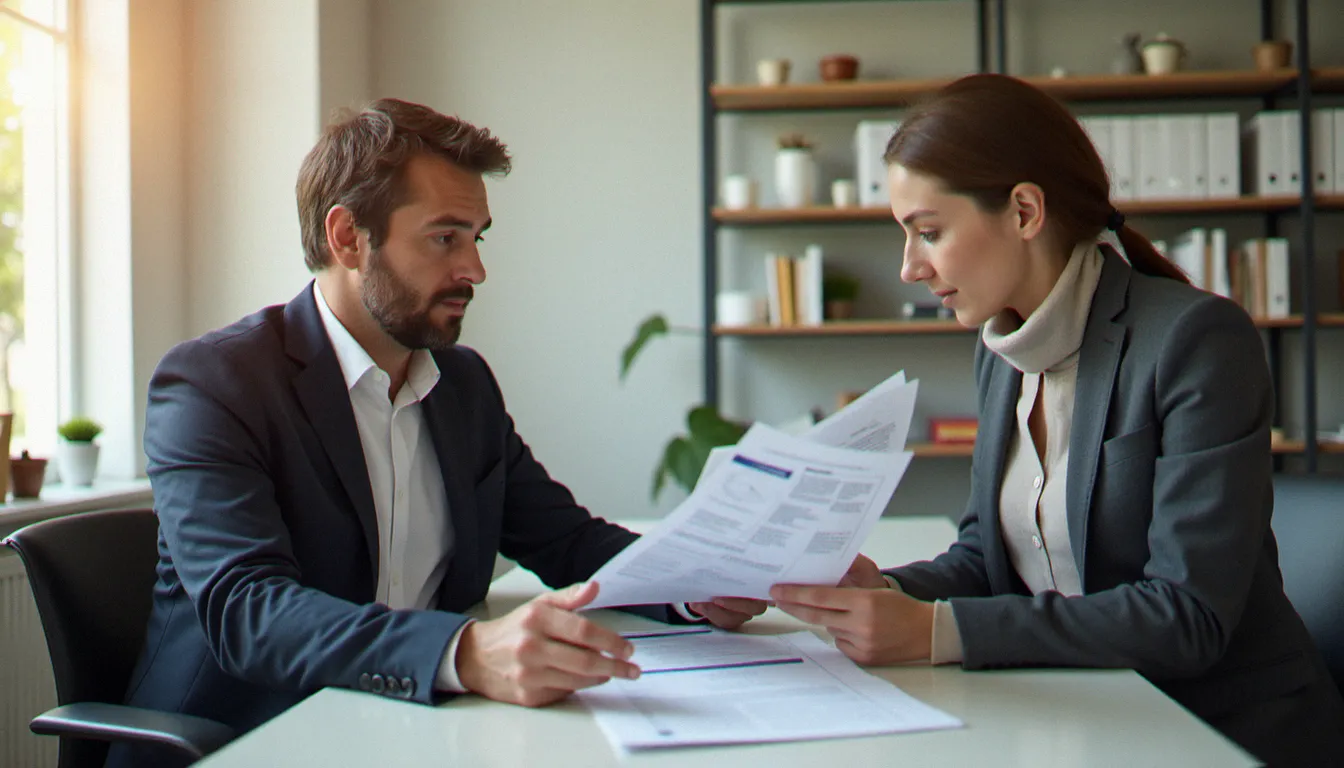 Conseiller emploi et demandeur d'emploi examinant ensemble un dossier de formation POEI en vue d'un CDI dans une agence France Travail normande