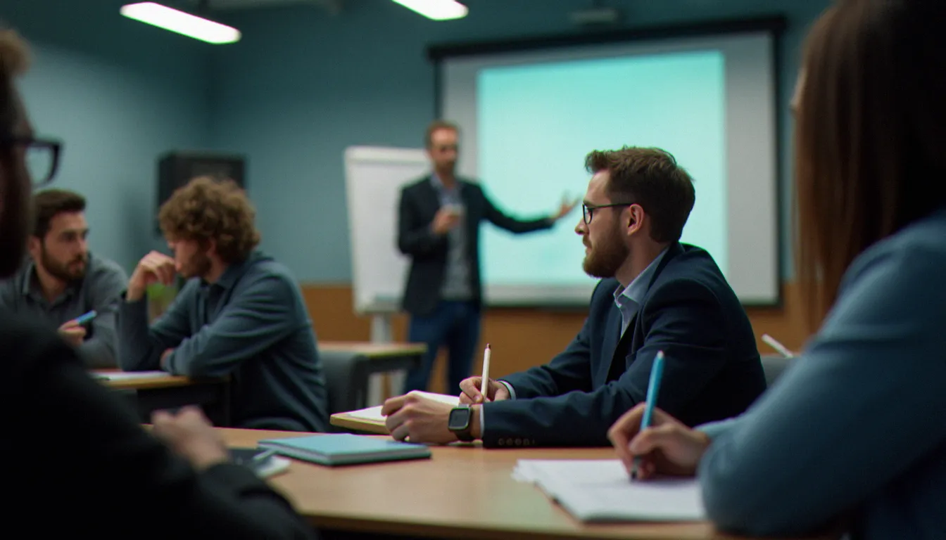 Groupe d'adultes en formation professionnelle du soir dans une salle de cours universitaire, représentant la reconversion et le développement des compétences
