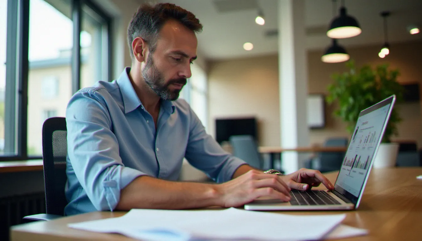 Un adulte en formation professionnelle consultant des documents de cours et une plateforme e-learning sur ordinateur portable dans un espace de coworking moderne
