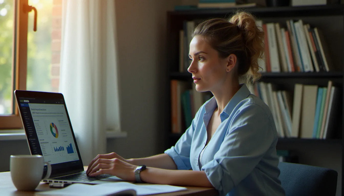 Une femme suivant une formation SAP en ligne depuis son bureau à domicile, illustrant le format e-learning d'une formation SAP à distance