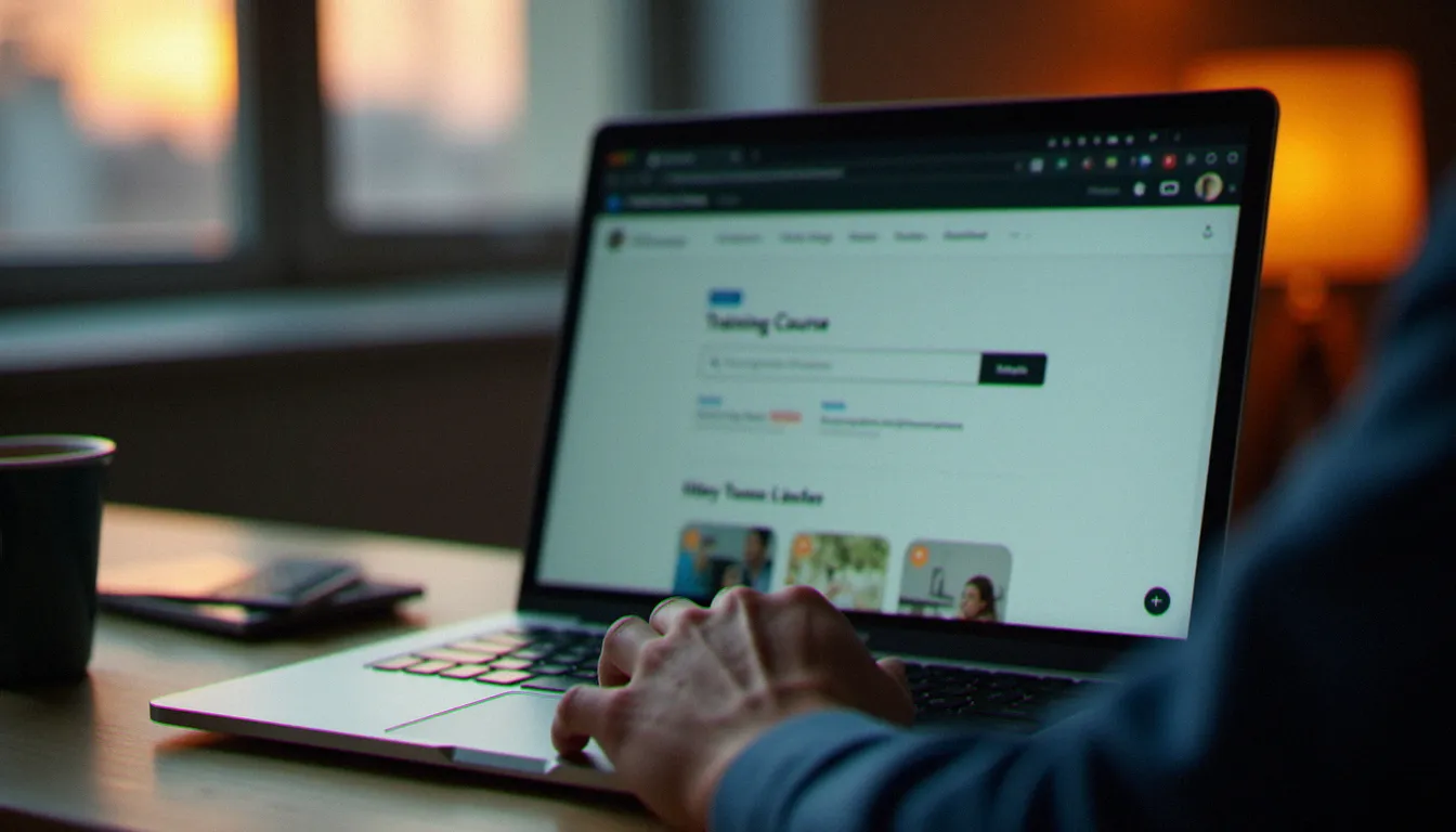 Mains d'un utilisateur naviguant sur une plateforme de recherche de formation éligible CPF depuis son bureau