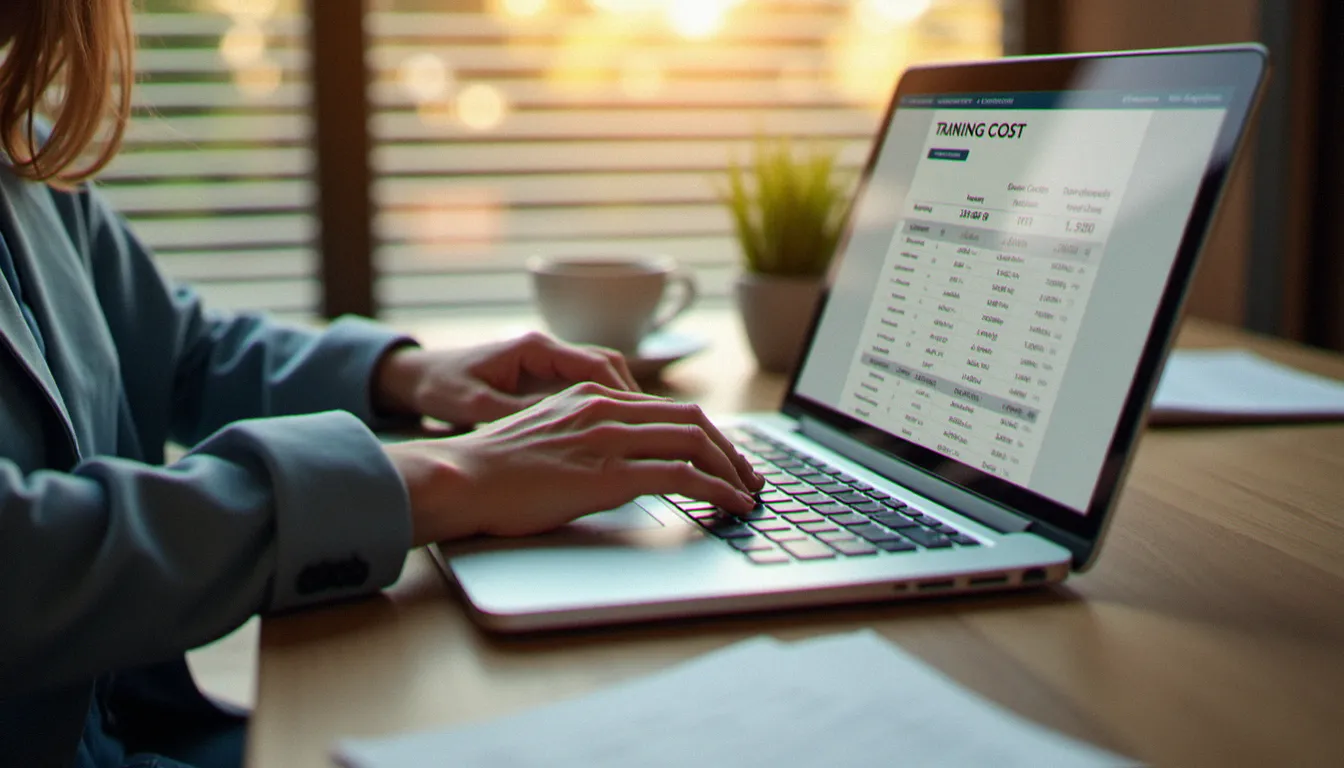 Analyse des coûts d'une lms plateforme sur tableur avec une professionnelle RH en train de budgétiser son plan de formation
