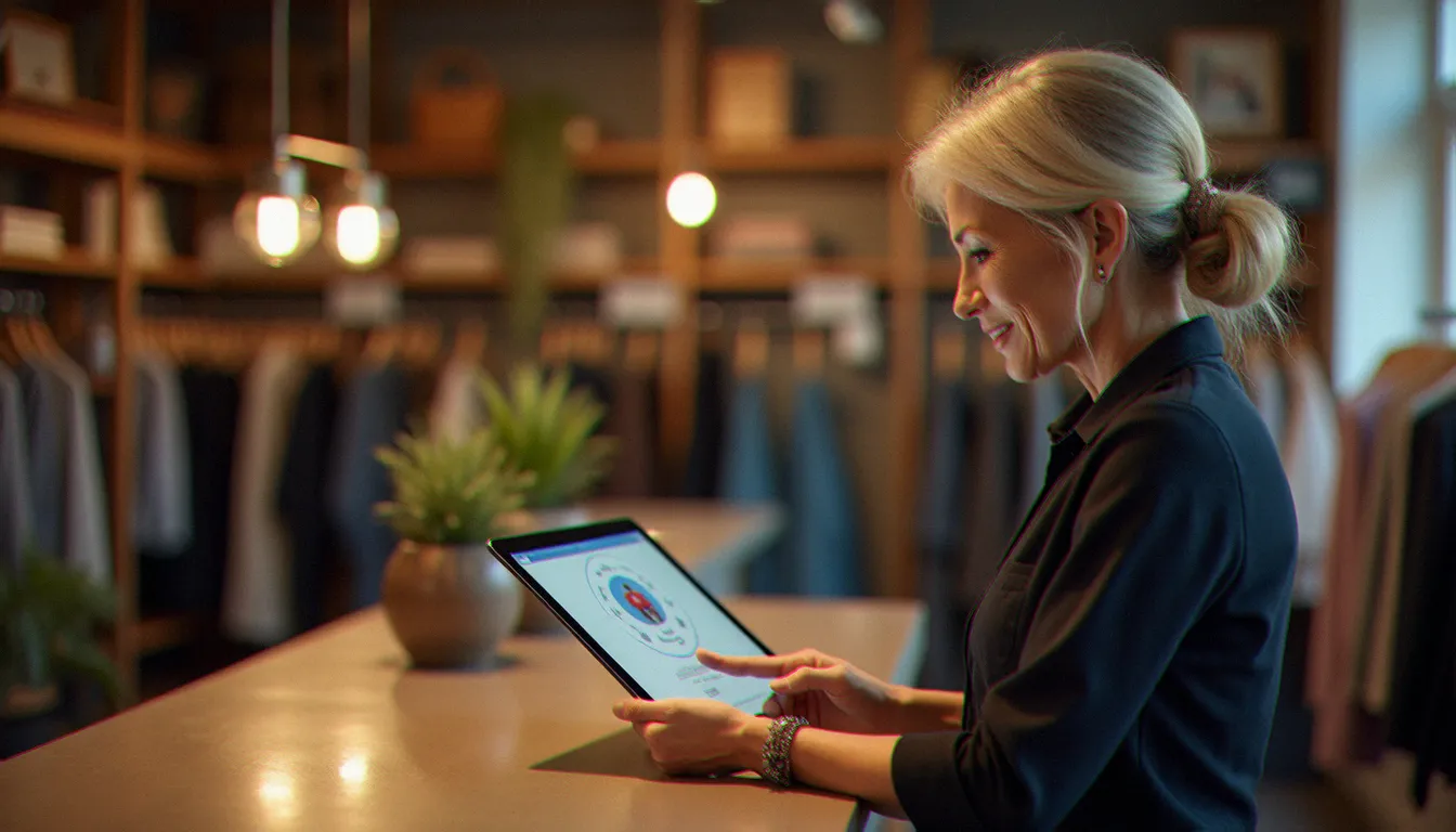 Une gérante de boutique de commerce de détail consultant le portail de l'opcommerce sur une tablette pour vérifier son éligibilité aux financements formation