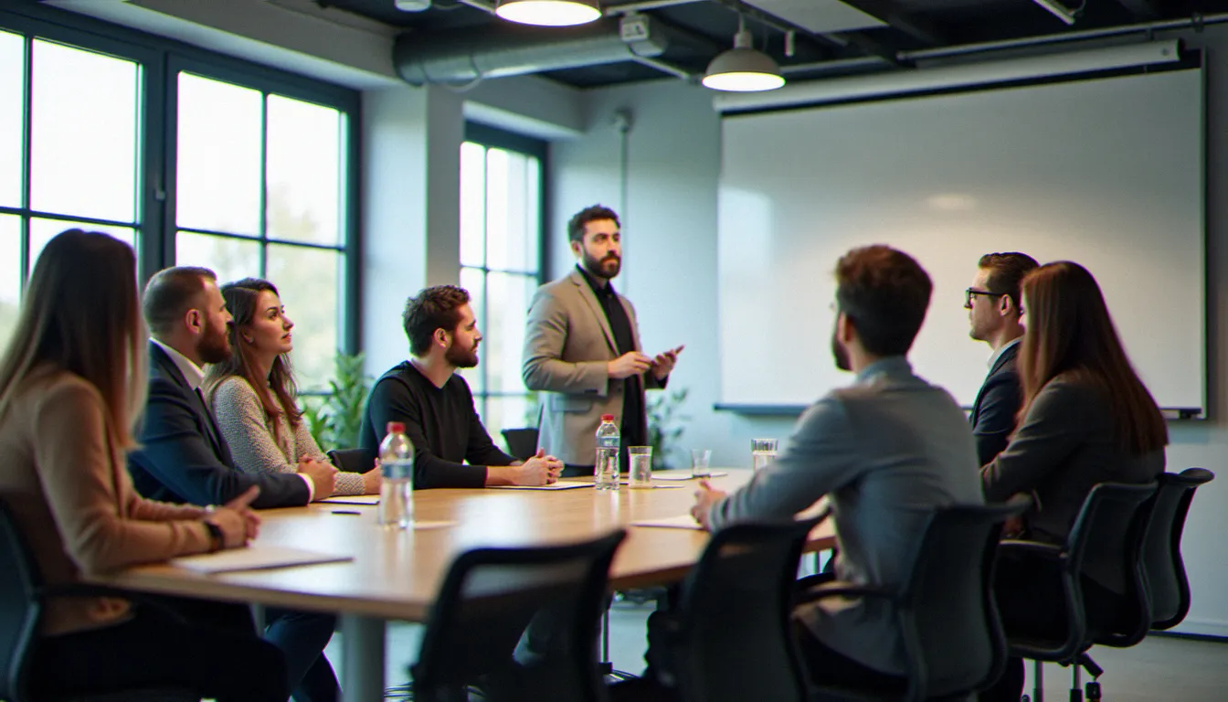 Groupe d'adultes en formation professionnelle dans une salle de cours moderne, illustrant le recours au maximum CPF pour financer des certifications RNCP