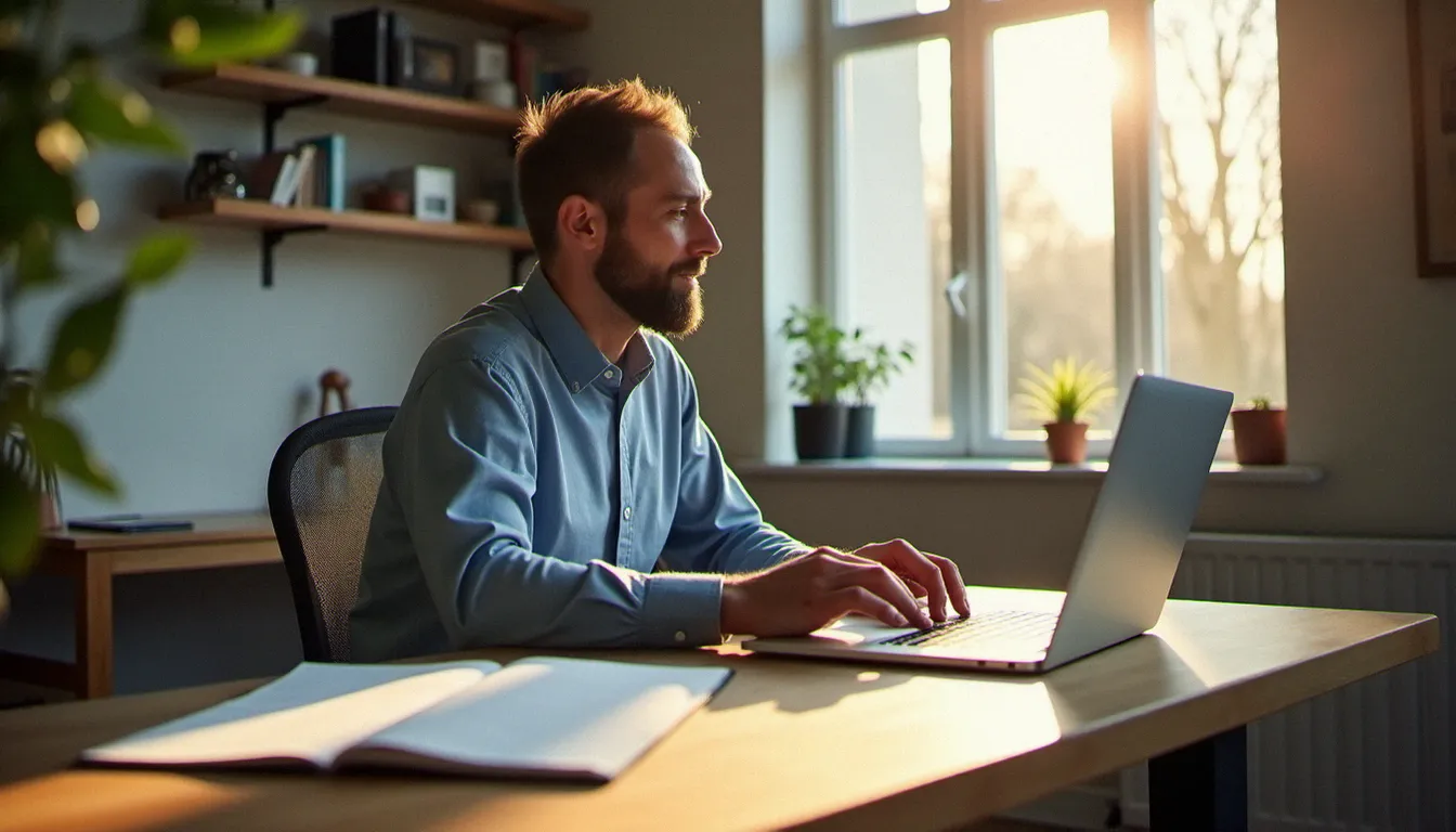 Un consultant en formation professionnelle consultant son compte CPF sur un ordinateur portable dans un bureau à domicile normand, illustrant la gestion du maximum CPF