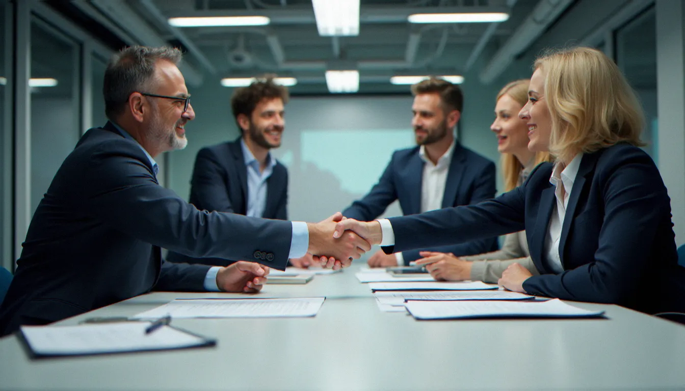 Demandeur d'emploi et employeur signant une convention POEI lors d'une réunion en entreprise normande