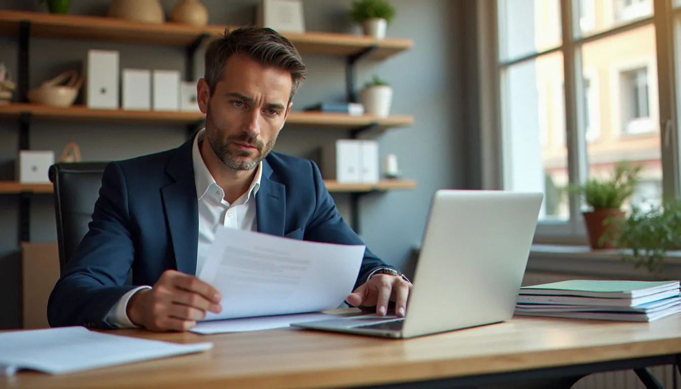 Responsable de magasin consultant un dossier de financement OPCO Commerce sur son bureau professionnel