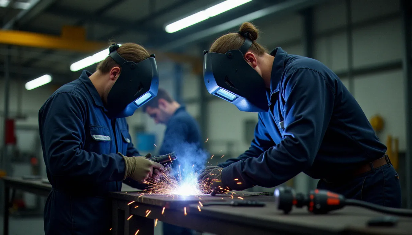 Formation technique en atelier industriel normand financée par un OPCO, deux salariés apprenant la soudure avec un formateur certifié Qualiopi