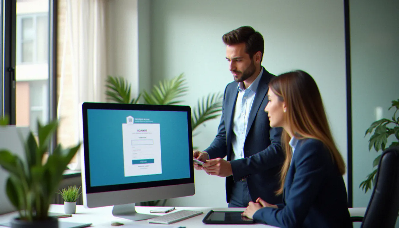 Responsable RH d'un établissement sanitaire guidant une collègue dans la création d'un espace adhérent sur OPCO Santé web services depuis un poste informatique de bureau
