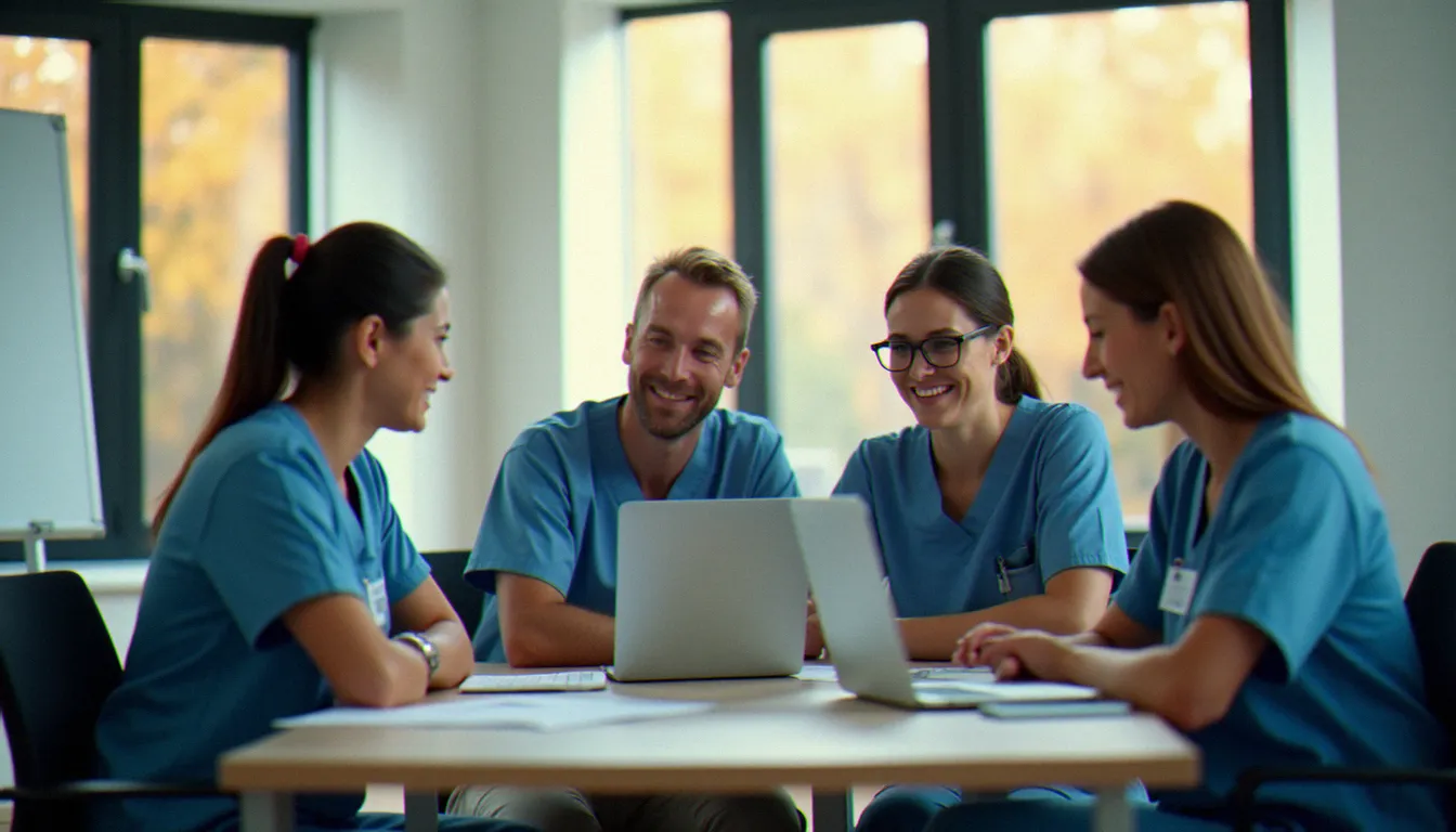 Équipe de soignants en formation e-learning financée via OPCO Santé web services, réunis autour de laptops dans une salle de formation lumineuse d'un établissement médico-social