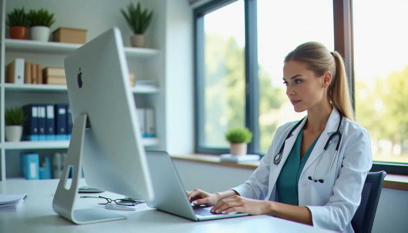 Administratrice d'un établissement de santé consultant la plateforme OPCO Santé web services sur son ordinateur portable dans un bureau médical lumineux