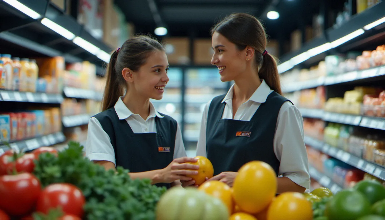 Un jeune apprenti en alternance encadré par son maître d'apprentissage dans un commerce de distribution, illustration du financement alternance via opcocommerce