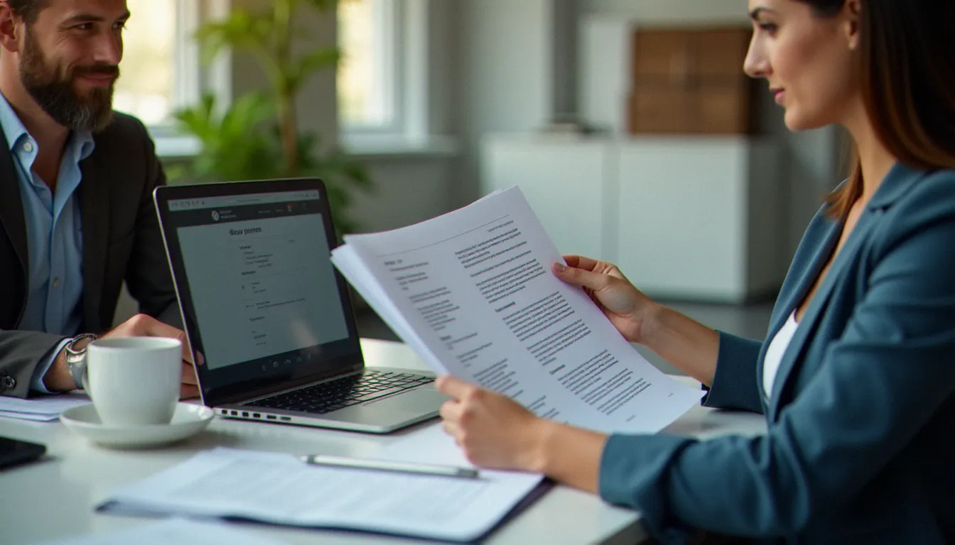 Deux professionnels des ressources humaines analysent des documents relatifs aux branches professionnelles couvertes par opcommerce lors d'un entretien de conseil en formation