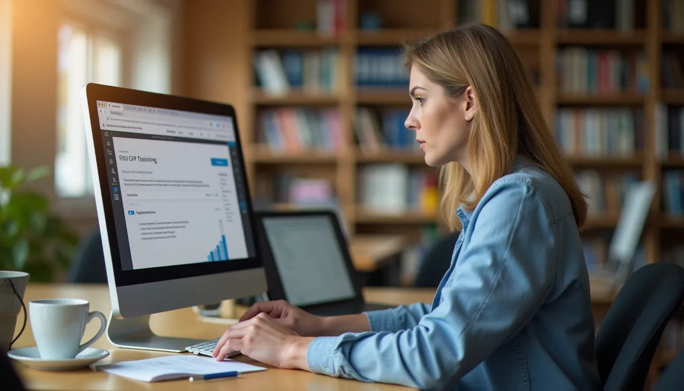 Salariée normande consultant les options de financement de formation professionnelle sur son poste de travail, illustrant les démarches CPF et OPCO