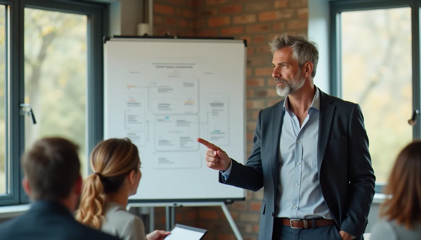 Formateur professionnel animant une session dans les locaux d'un organisme de formation en Normandie, avec un groupe d'adultes en formation continue
