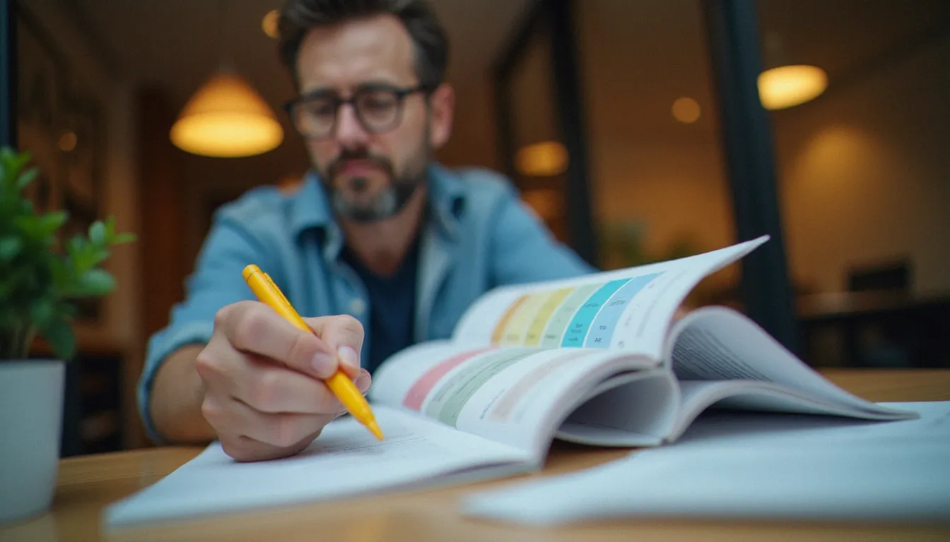 Professionnel en reconversion consultant un catalogue de formation professionnelle, sélectionnant un parcours de montée en compétences