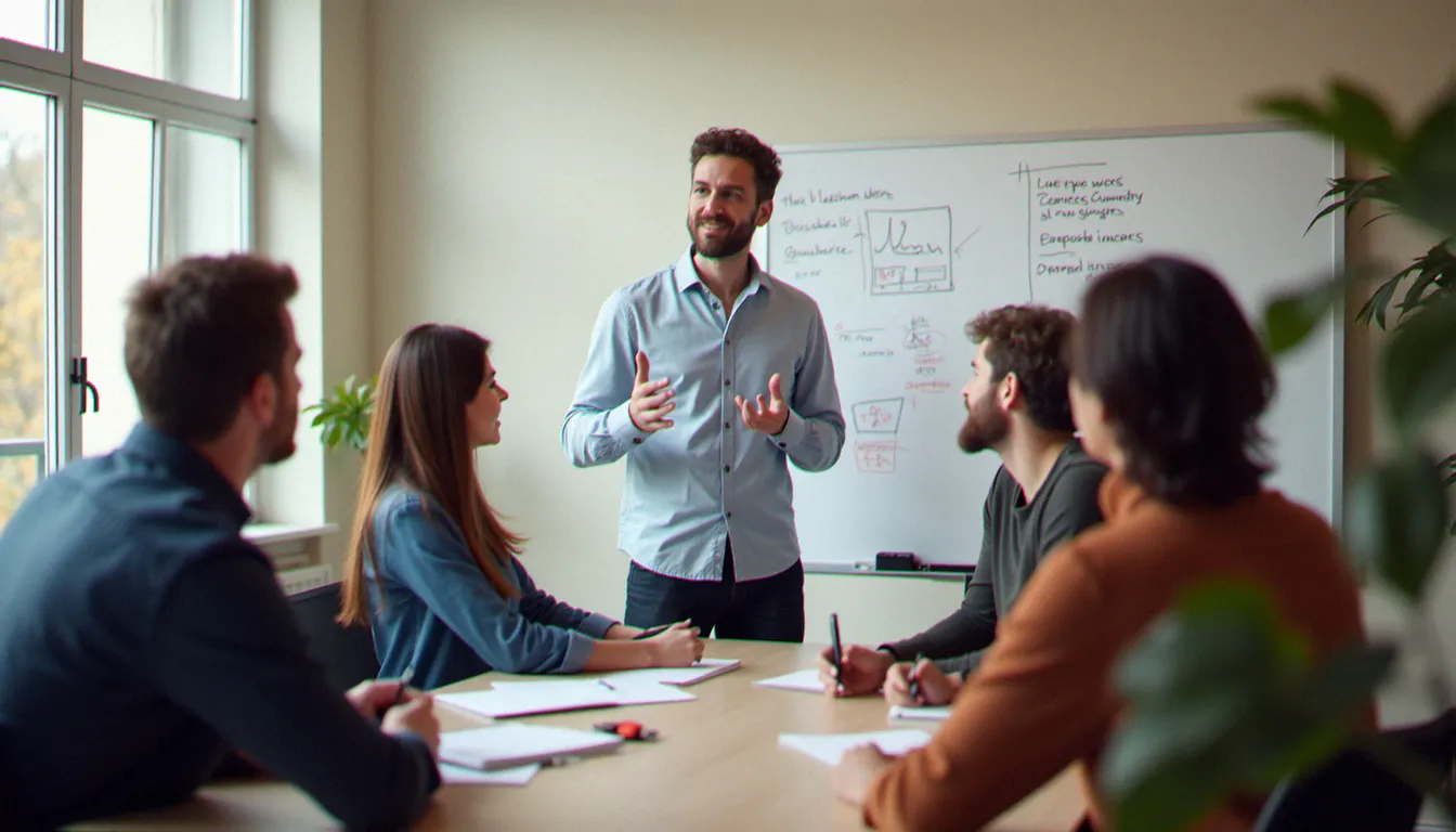 Groupe de salariés en session de formation présentielle en entreprise, montrant le cadre légal et collectif de la formation professionnelle continue