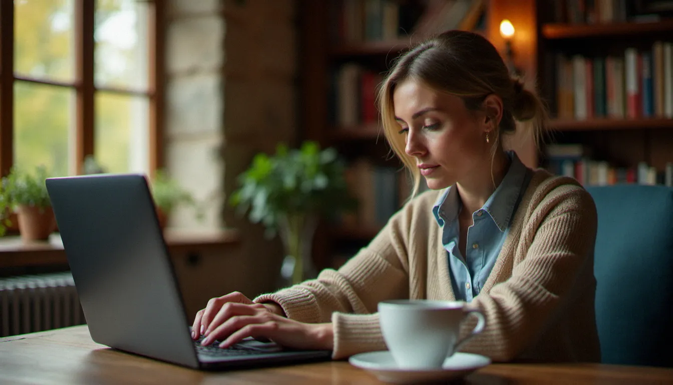 Salariée normande suivant une formation en ligne depuis son domicile, illustrant le développement du e-learning dans la formation professionnelle à distance