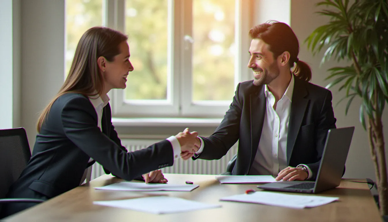 Un employeur et un demandeur d'emploi signent une convention POEI lors d'un entretien de recrutement en entreprise normande