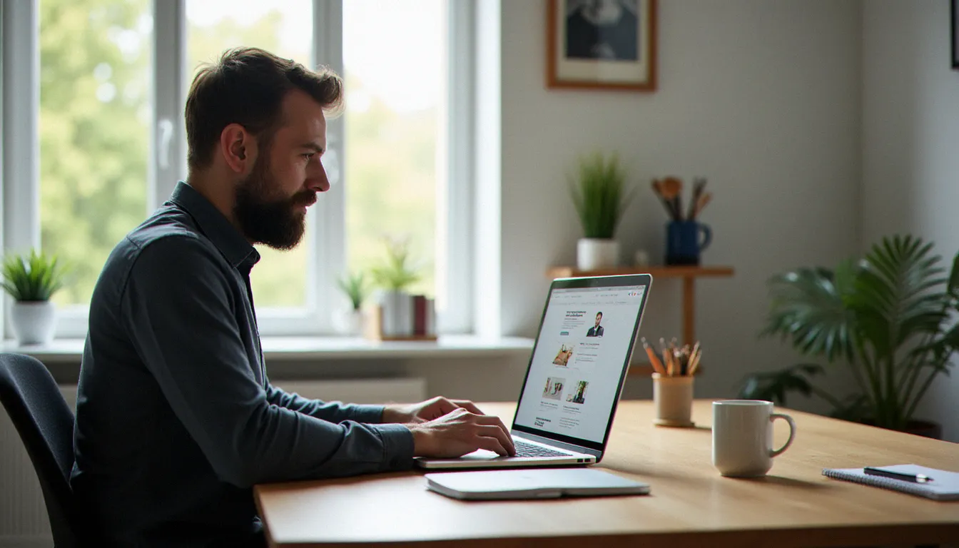 Un homme consultant les formations éligibles au CPF sur la plateforme Mon Compte Formation depuis son bureau à domicile en Normandie