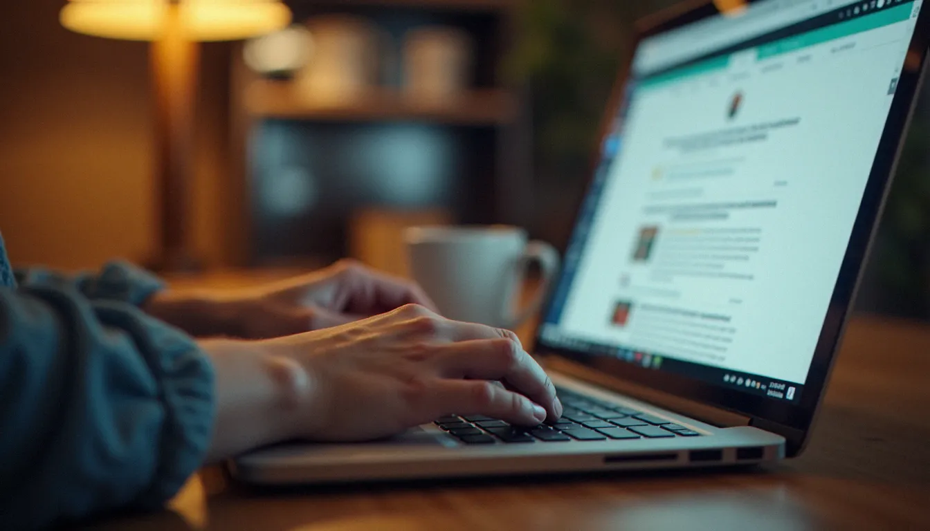 Personne consultant un forum sur internet pour trouver des informations sur le CPF et récupérer ses droits formation, vue rapprochée sur les mains et le clavier
