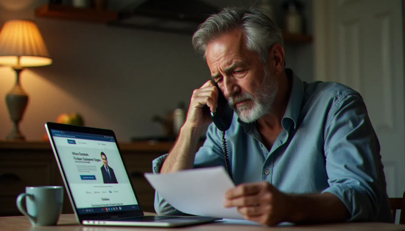 Un salarié signalant une arnaque CPF par téléphone, avec son ordinateur ouvert sur un site officiel gouvernemental pour déposer sa plainte en ligne